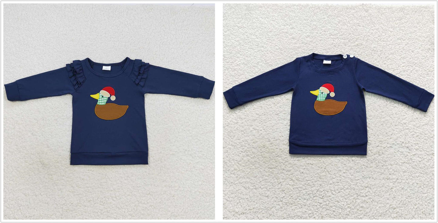 Sibling Boys Girls Long Sleeves Embroidery Ducks Christmas Navy Shirt Tops