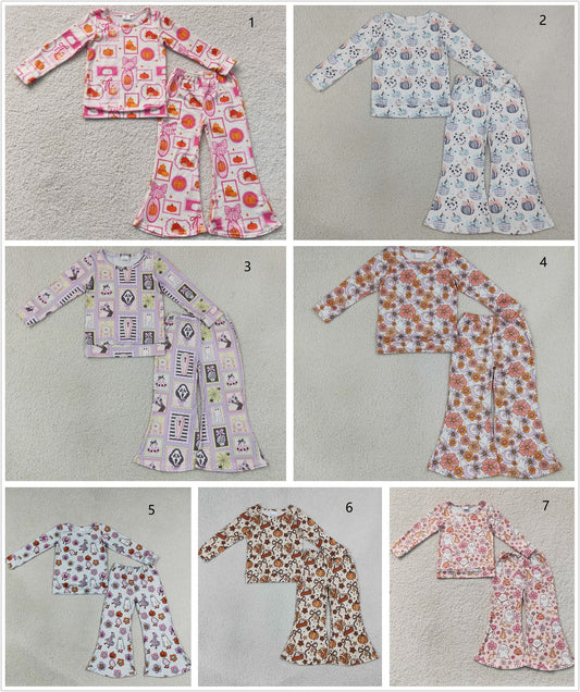 Sibling Baby Girls Kids Long Sleeves Pumpkins Ghosts Flower Shirts Bell Pants Fall Sets Clothes RTS
