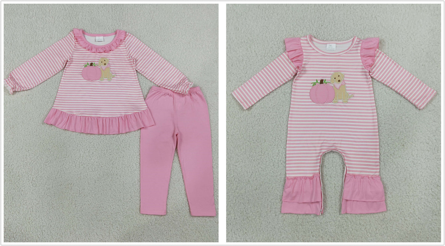 Sibling Baby Girls Kids Embroidery Pumpkins Dogs Stripes Romper Thanksgiving Set Pink Clothes RTS