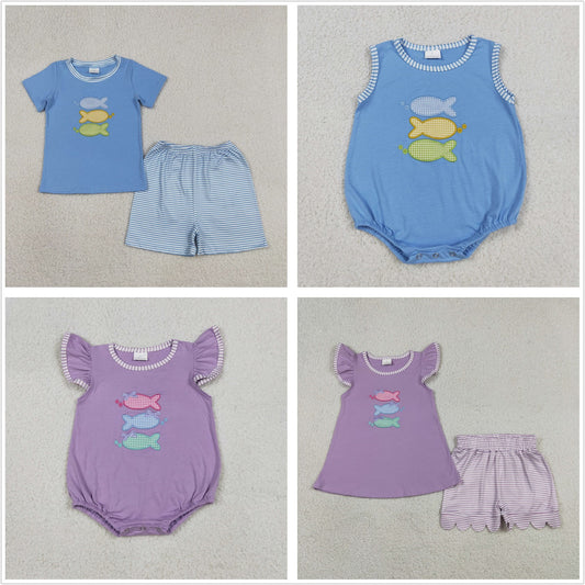 Sibling Baby Boys Girls Embroidery Fish Stripes Rompers Sets Summer Clothes RTS
