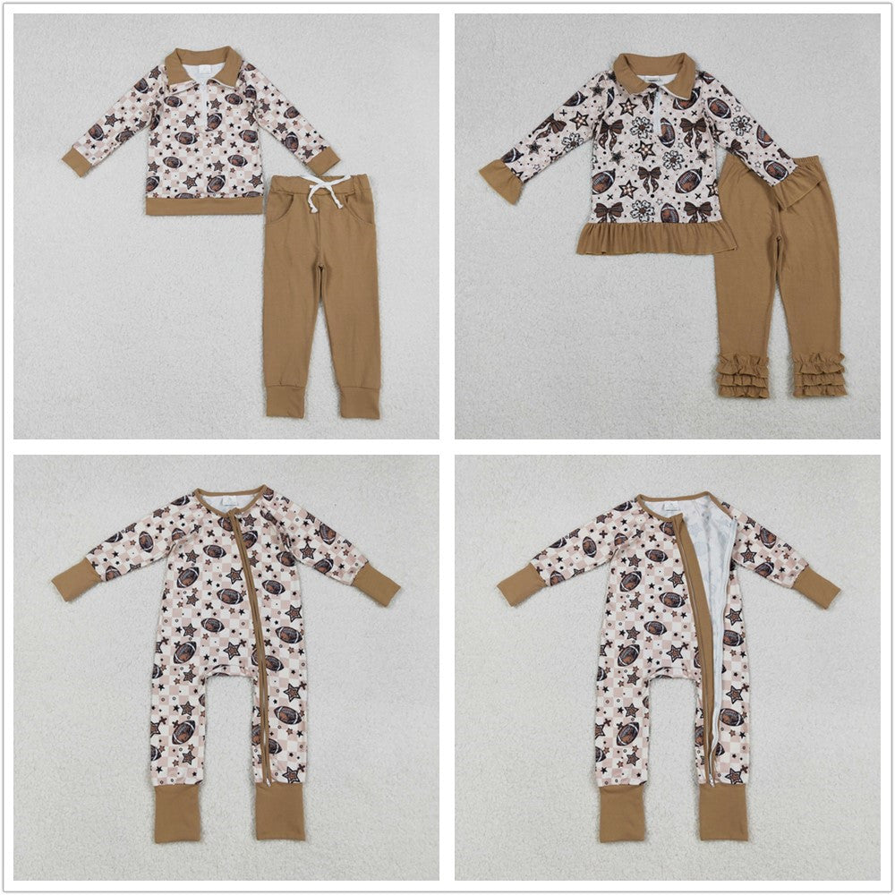 Sibling Boys Girls Kids Long Sleeves Football Stars Plaid Fall Zipper Romper Set RTS