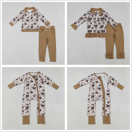 Sibling Boys Girls Kids Long Sleeves Football Stars Plaid Fall Zipper Romper Set RTS
