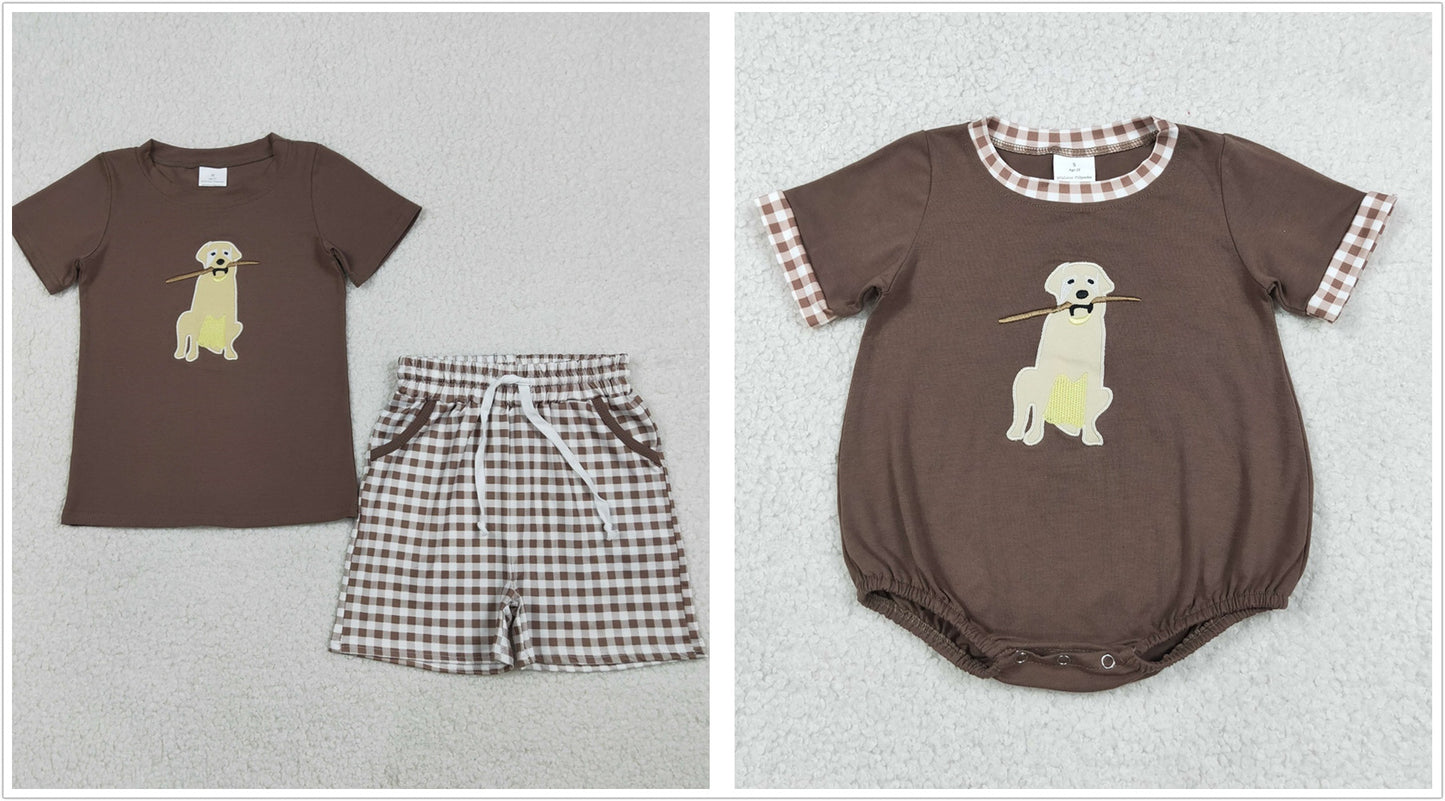 Sibling Baby Boys Kids Short Sleeves Embroidery Dogs Hunting Romper Set Summer Clothes RTS