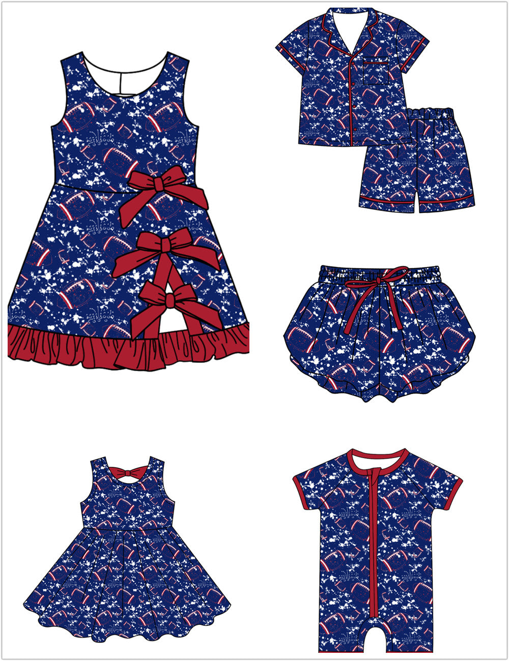 ( Moq 5 Each Style ) Baby Boys Girls Toddler Football Sibling Shorts Romper Bows Dresses Set Team Blue Clothing