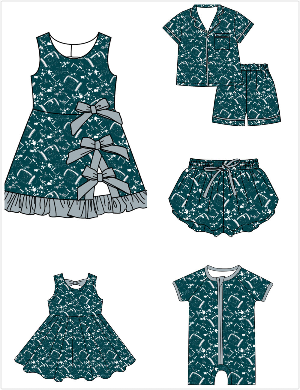 ( Moq 5 Each Style ) Baby Boys Girls Toddler Football Sibling Shorts Romper Bows Dresses Set Team Clothing