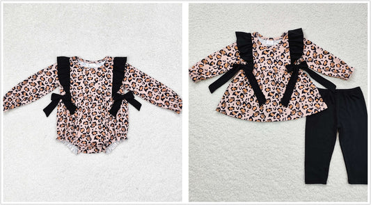 Sibling Baby Girls Kids Long Sleeves Bows Leopard Bubble Romper Clothes Set RTS