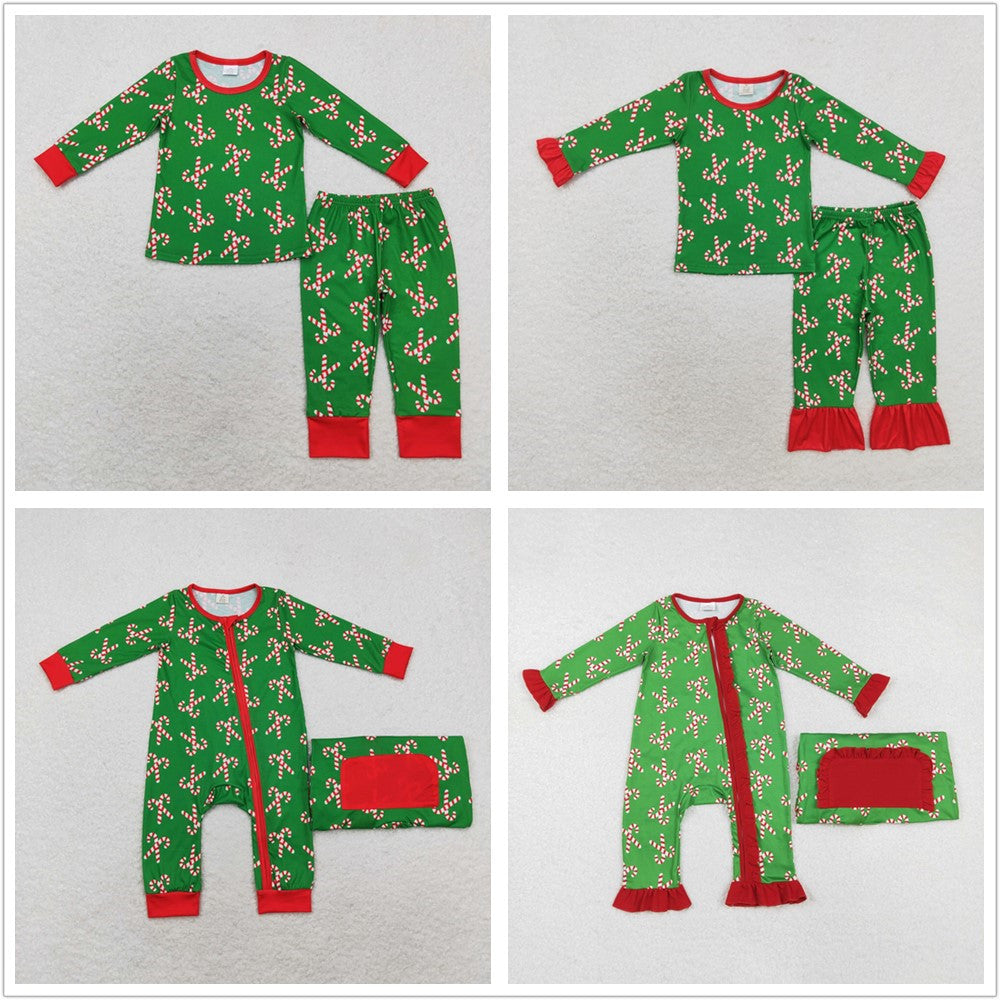 Sibling Boys Girls Christmas Candy Cane Zipper Romper Pajamas Green Set Clothes RTS