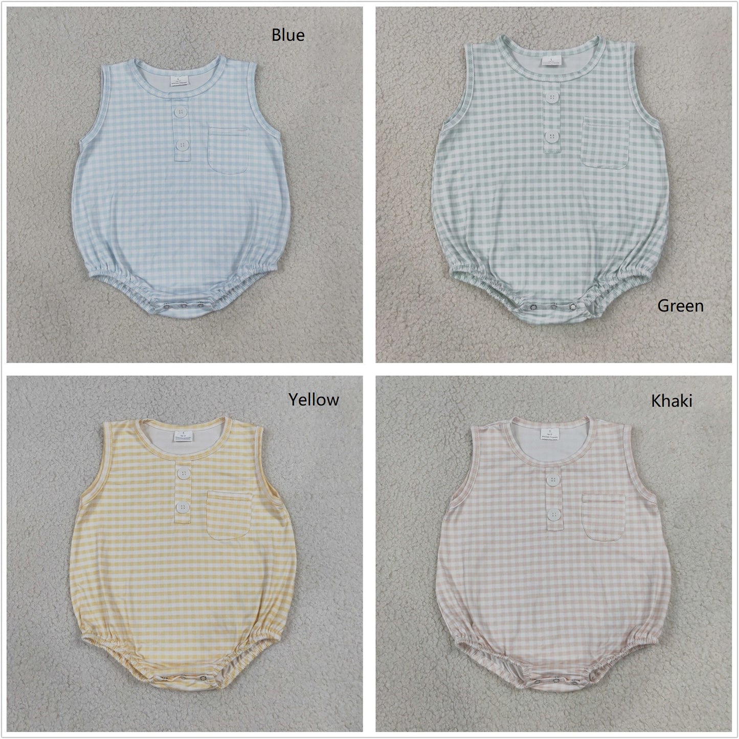 Sibling Baby Boy Infant Sleeveless Plaid Pockets Summer Bubble Rompers Clothes RTS