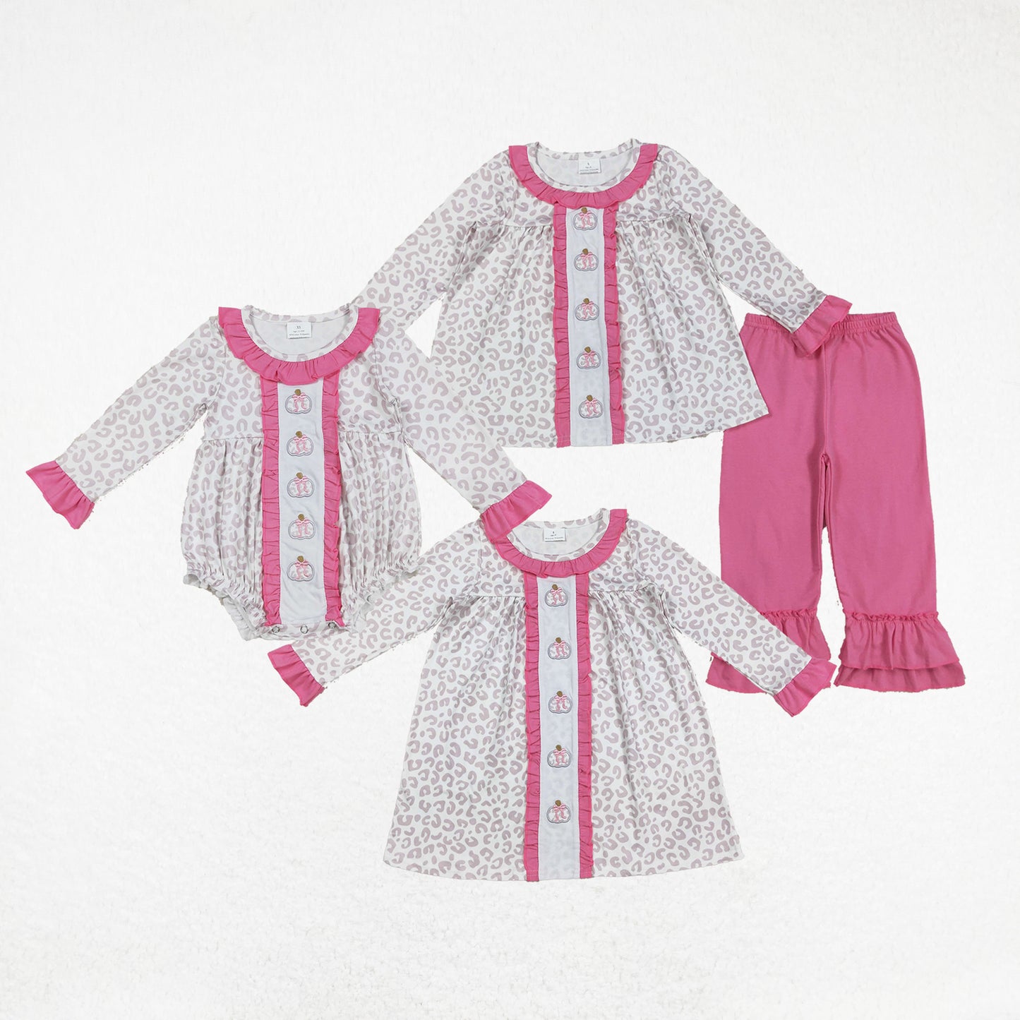 Baby Girl Long Sleeves Leopard Embroidery Pumpkins Bows Sibling Romper Dress Set RTS