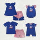 Baby Boy Girl July 4th Embroidery Dog Flag Sister Brother Romper Blue Set