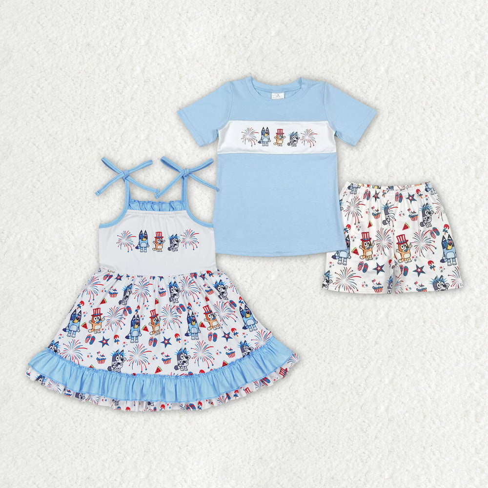 Baby Boy Girl Dogs Sibling July 4th Blue Dress Set