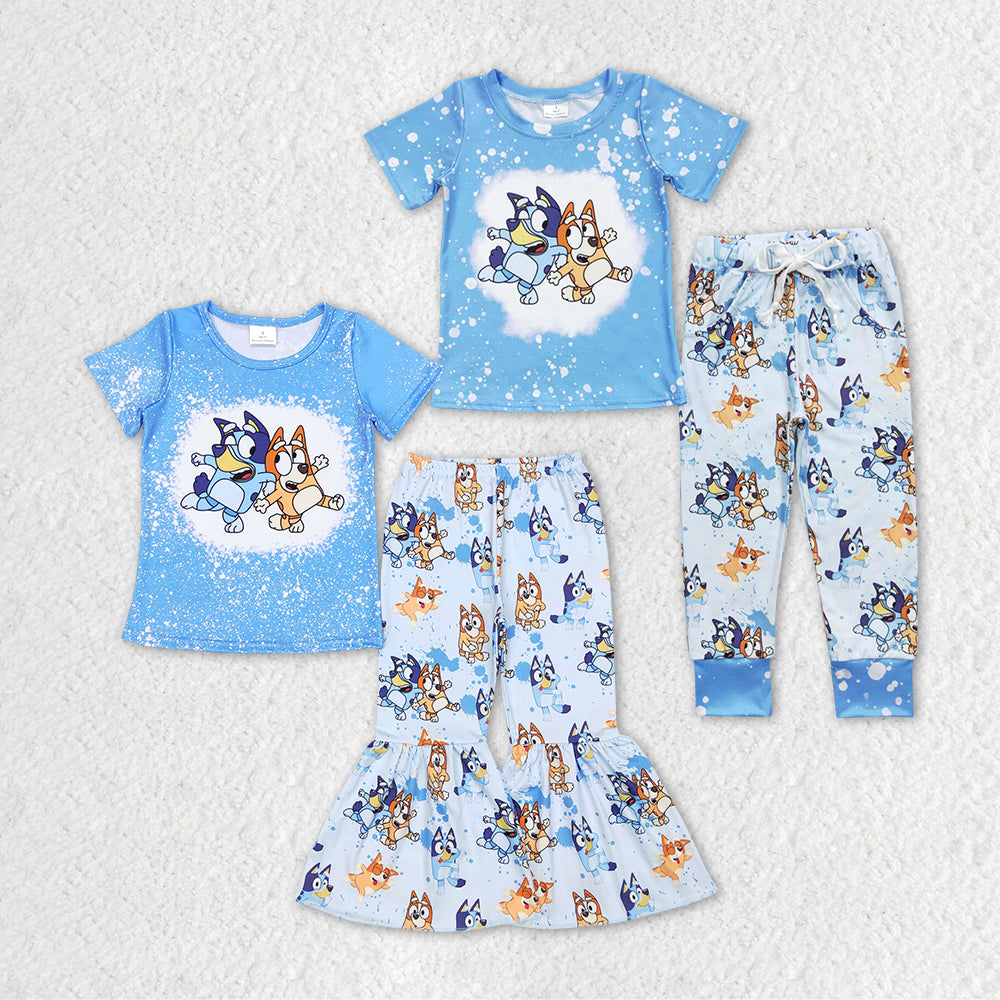 Baby Boy Girl Dogs Blue Sibling Short Sleeves Set