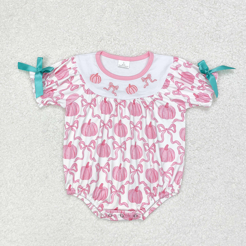 Baby Girl Short Sleeves Embroidery Pumpkin Pink Bows Romper