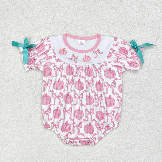 Baby Girl Short Sleeves Embroidery Pumpkin Pink Bows Romper