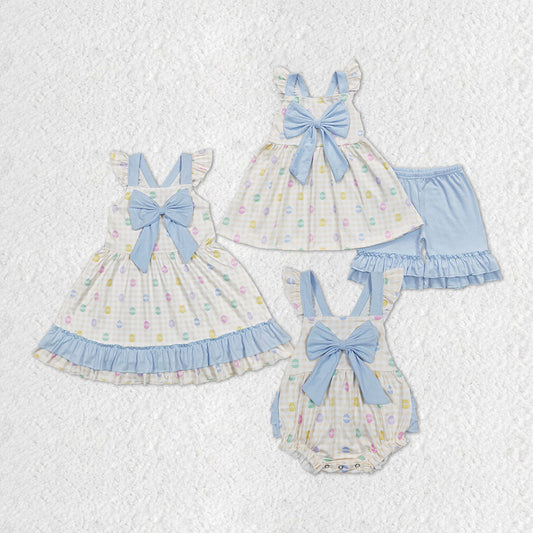 Baby Girl Blue Bows Easter Eggs Sibling Romper Dress Clothes Set