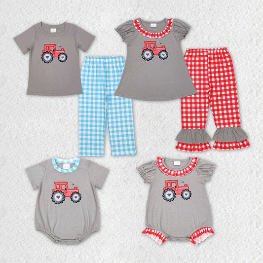 Baby Boy Girl Valentines Embroidery Tractor Sibling Romper Set