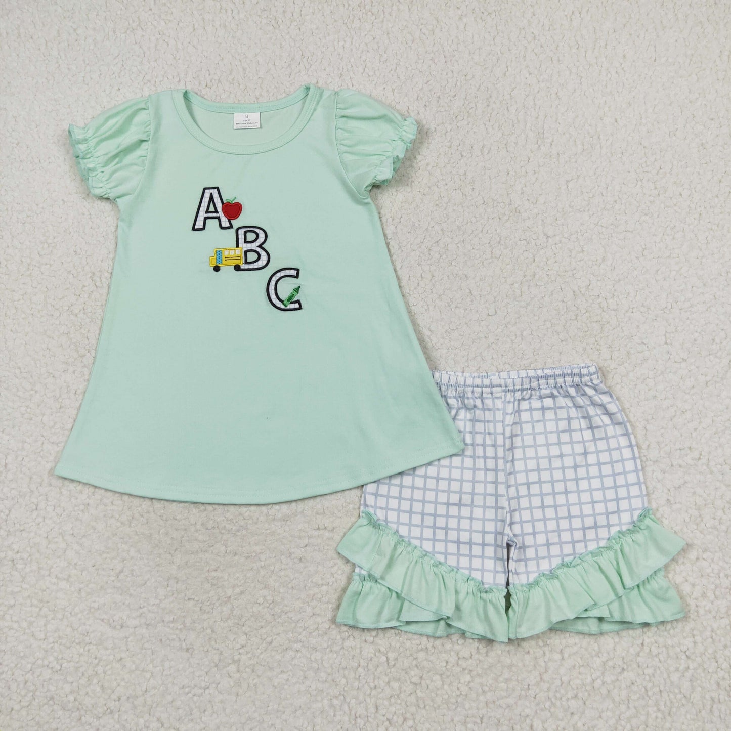 Baby Girl Back To School Embroidery ABC Tops Ruffle Plaid Shorts Green Set