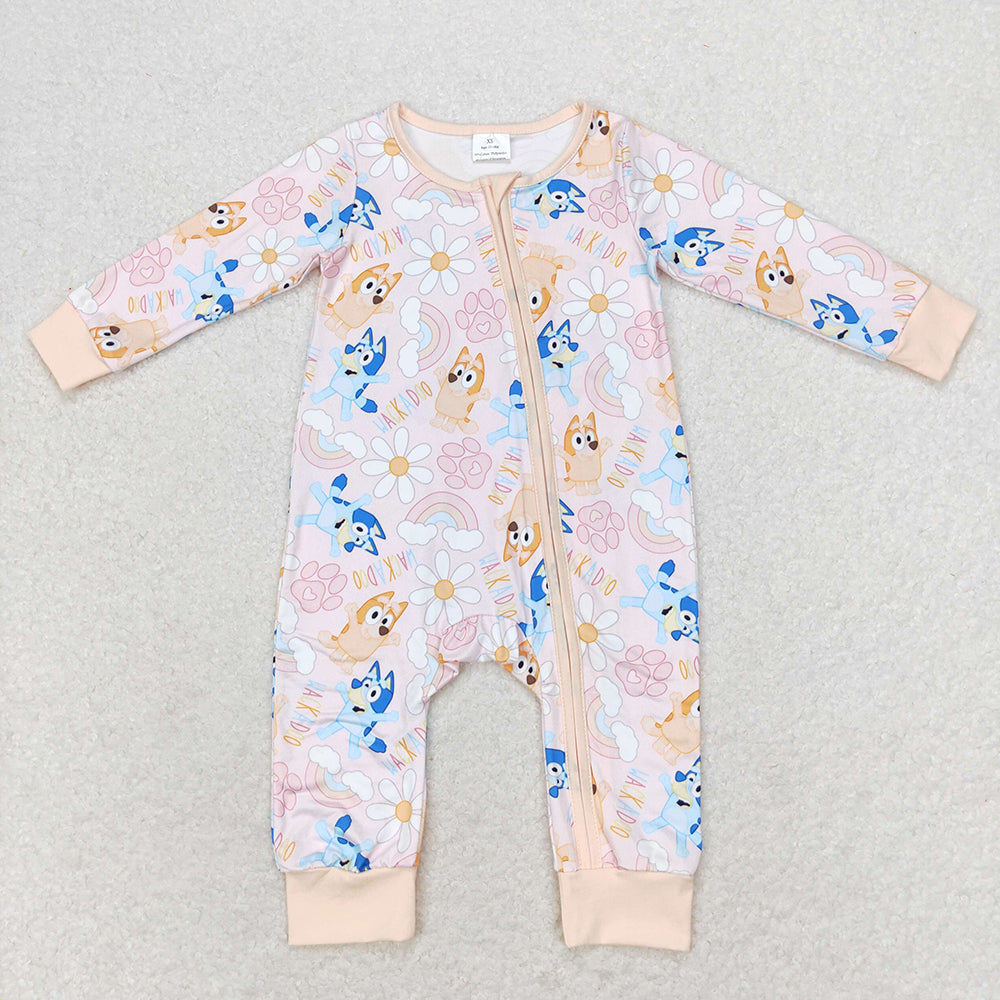 Baby Girl Long Sleeves Dogs Flower Zipper Romper