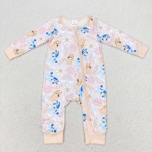 Baby Girl Long Sleeves Dogs Flower Zipper Romper