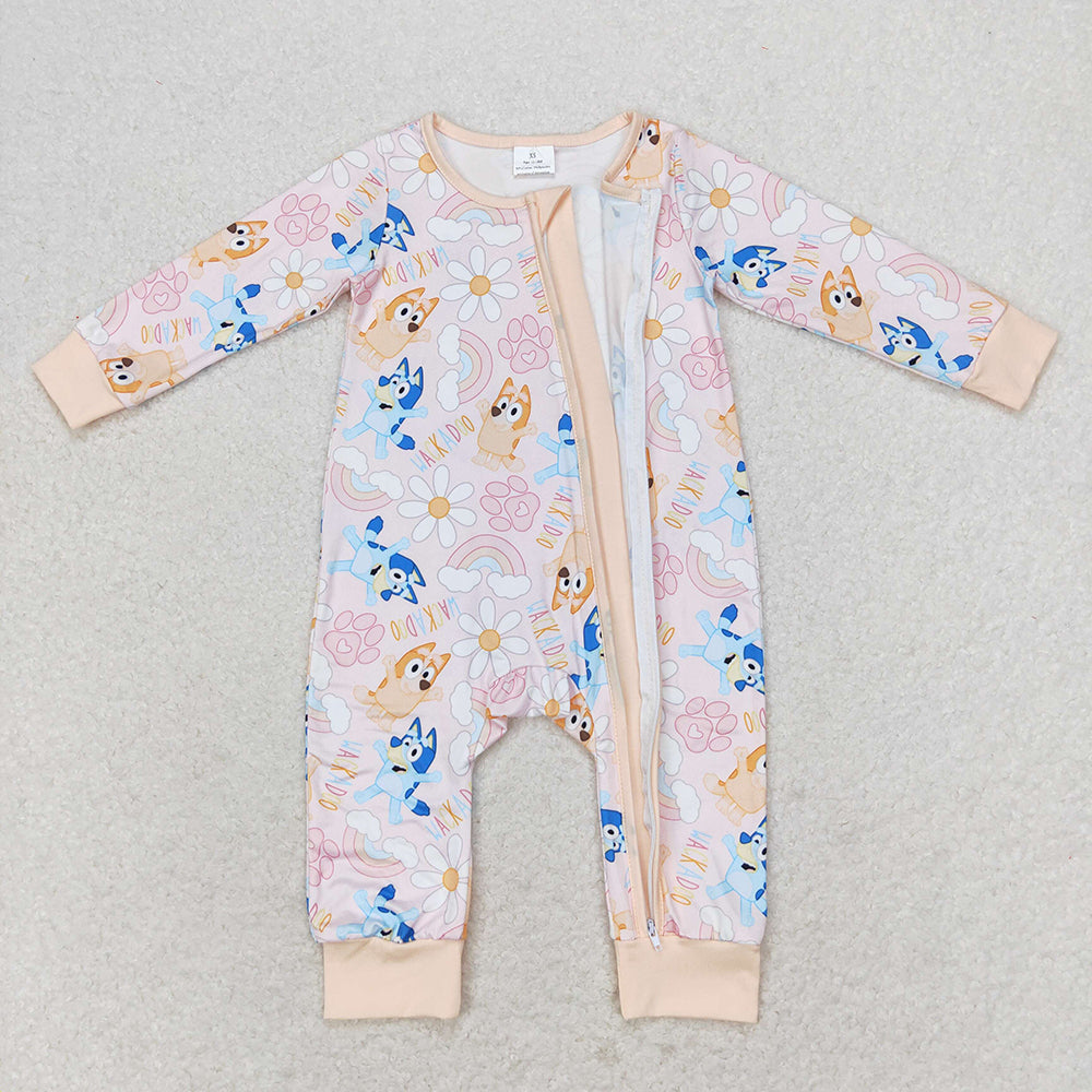 Baby Girl Long Sleeves Dogs Flower Zipper Romper