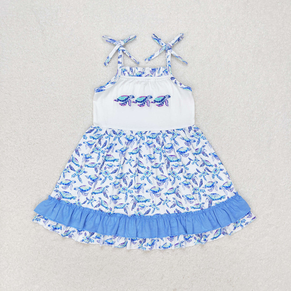 Baby Boy Girl Sibling Turtles Blue Summer Romper Dress Set