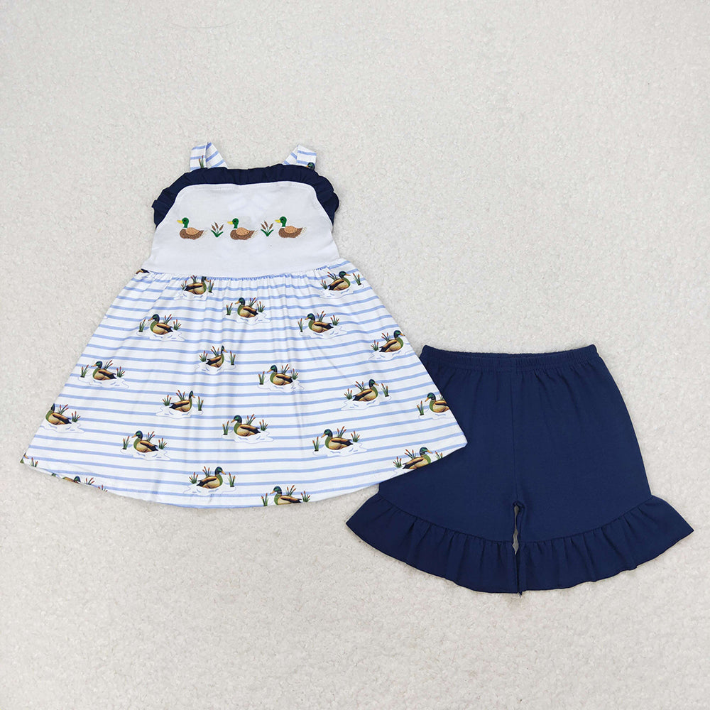 Baby Girl Sleeveless Embroidery Ducks Tops Cotton Shorts Set