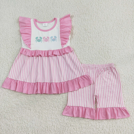 Baby Girl Short Sleeves Crabs Tops Pink Stripes Shorts Set