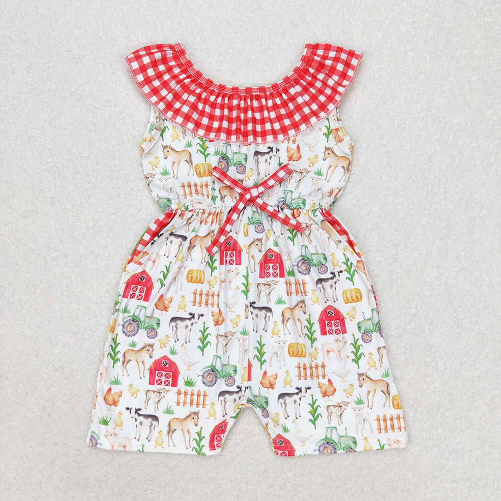 Baby Girl Farm Red Plaid Pocket Summer Jumpsuit