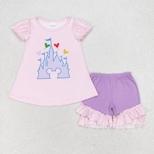 Baby Girl Short Sleeves Castle Tops Purple Shorts Summer Set