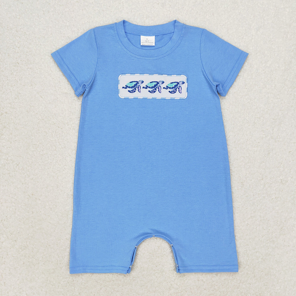 Baby Boy Short Sleeves Embroidery Turtles Blue One Piece Romper