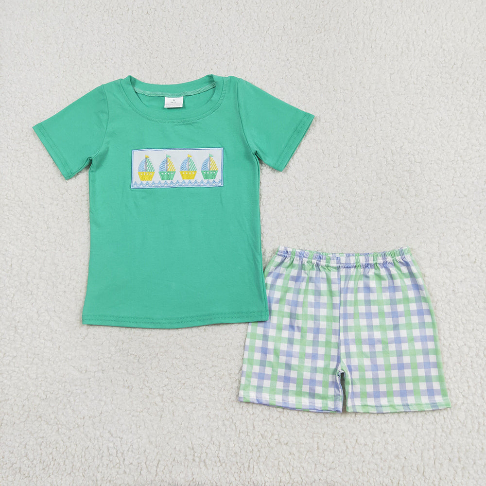 Baby Boy Green Short Sleeves Embroidery Boats Shirt Plaid Shorts Set