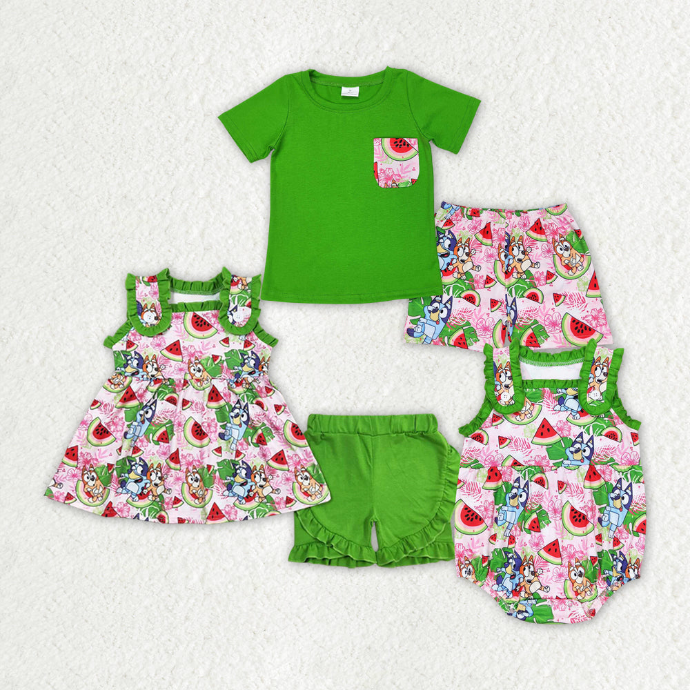 Baby Boy Girl Watermelon Dogs Sibling Green Romper Set