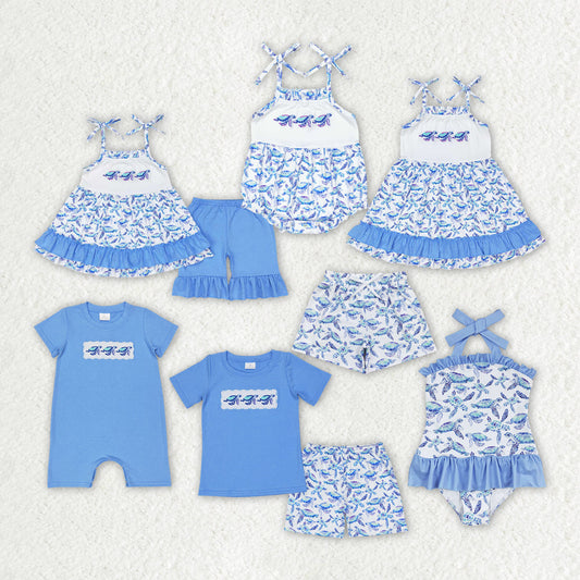 Baby Boy Girl Sibling Turtles Blue Summer Romper Dress Set