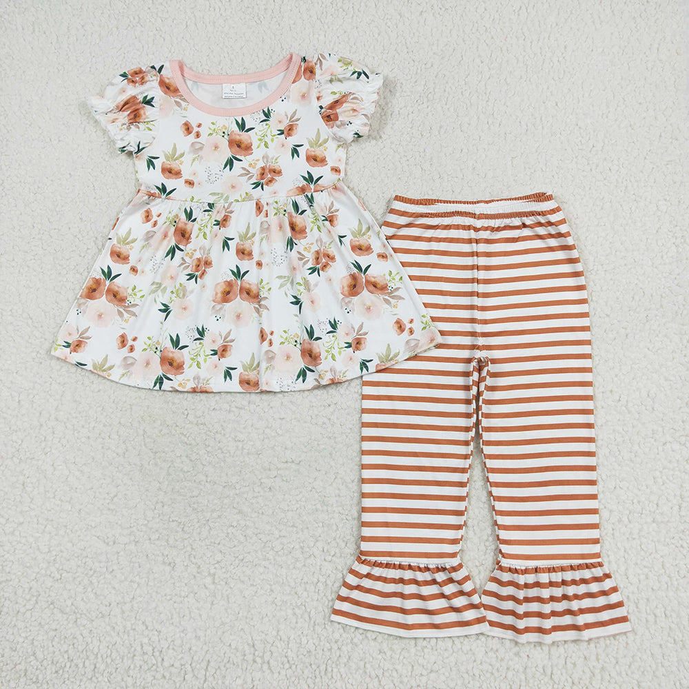 Baby Girl Short Sleeves Flower Tunic Stripes Pants Set