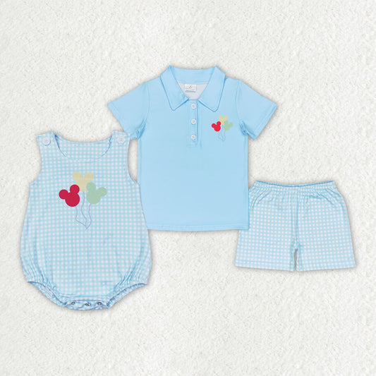 Baby Boy Mouse Balloons Sibling Brother Blue Romper Set