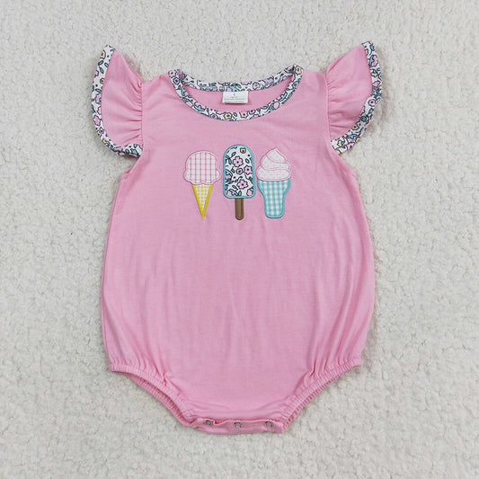 Baby Girl Short Sleeves Embroidery Popsicle Pink Bubble One Piece Romper