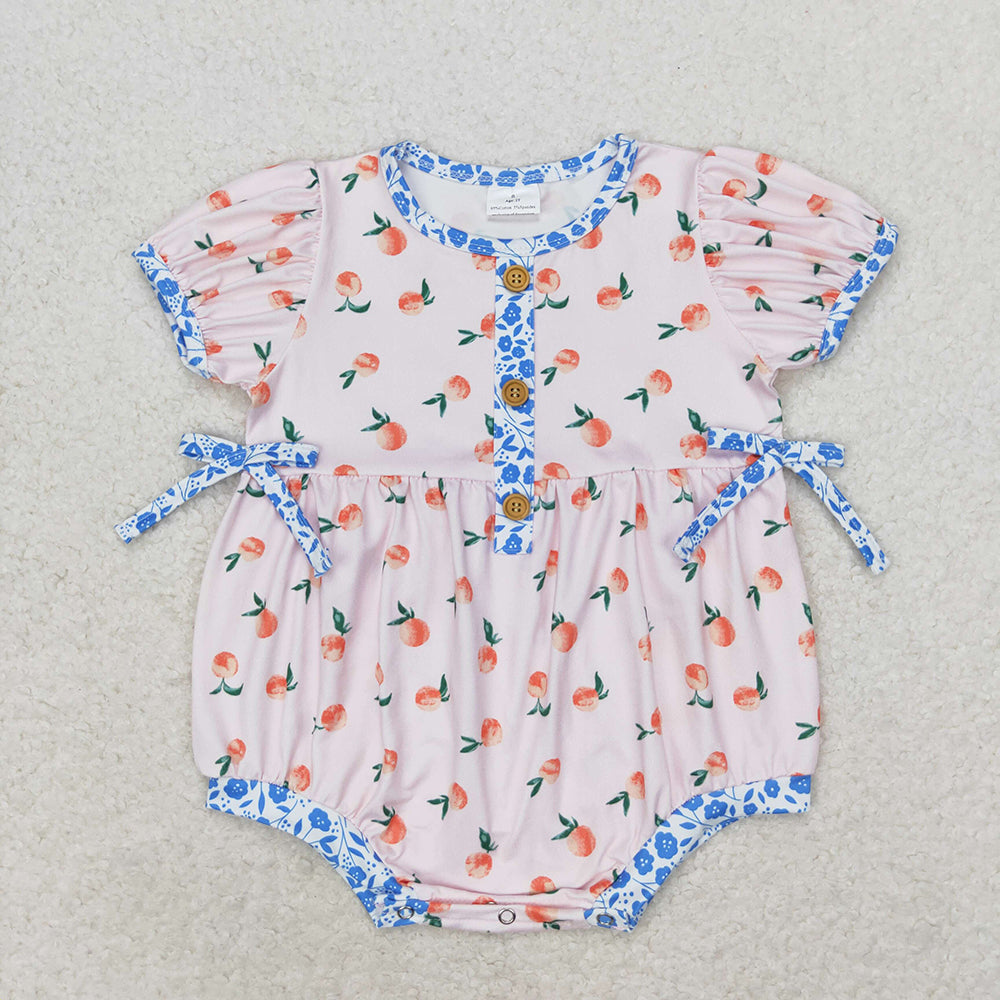 Baby Girl Short Sleeves Peach Flroal Bubble One Piece Romper