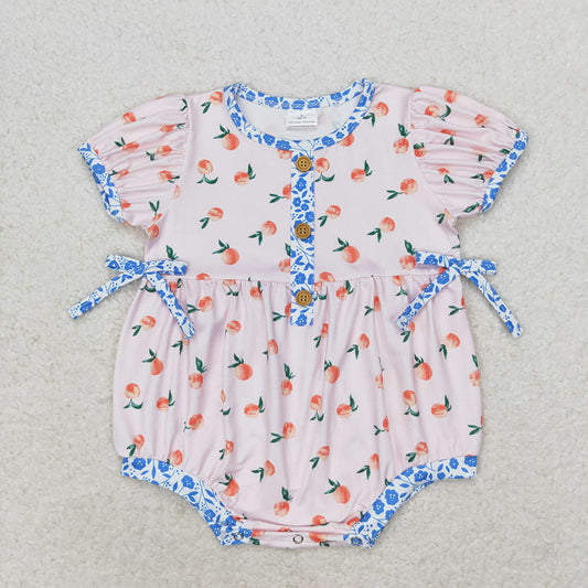 Baby Girl Short Sleeves Peach Flroal Bubble One Piece Romper