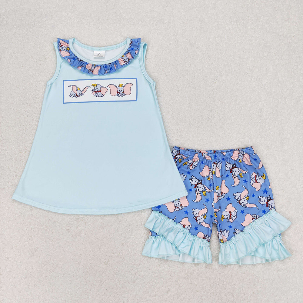 Baby Girl Sleeveless Blue Tops Elephant Shorts Summer Set