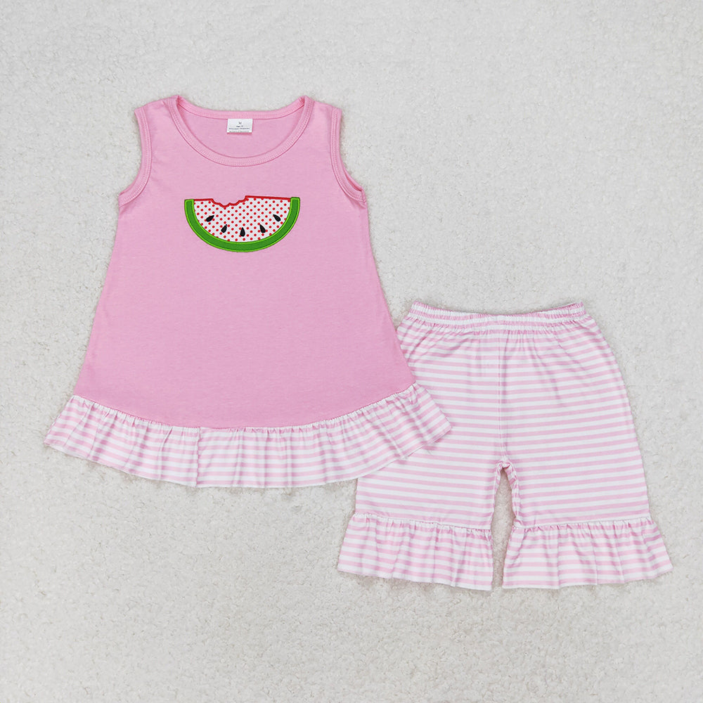 Baby Girl Embroidery Watermelon Pink Tops Stripes Shorts Set