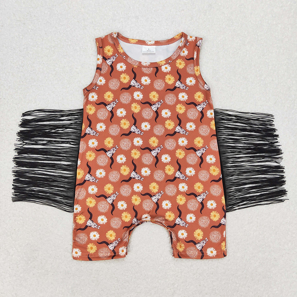 Baby Boy Sleeveless Floral Skull Western Summer One Piece Tassel Romper