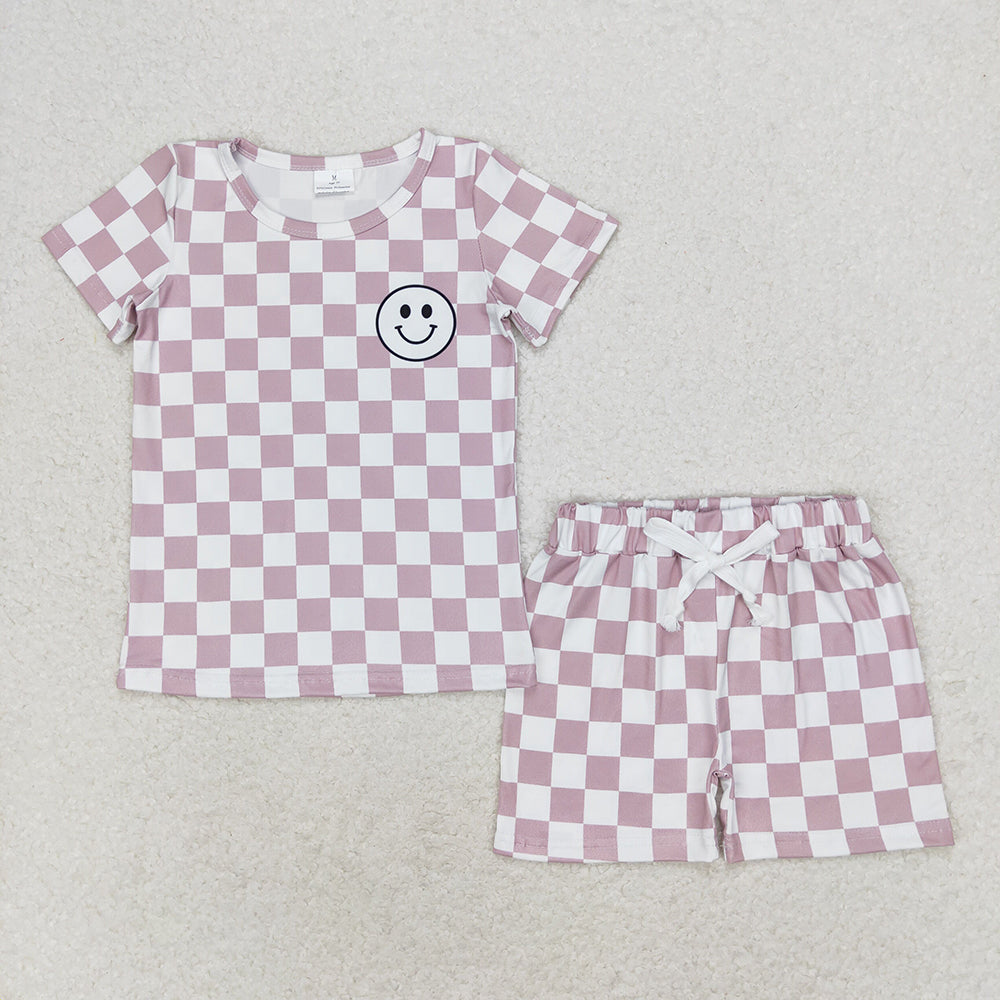 Baby Kids Short Sleeves Checkered Smile Shirt Shorts Summer Set