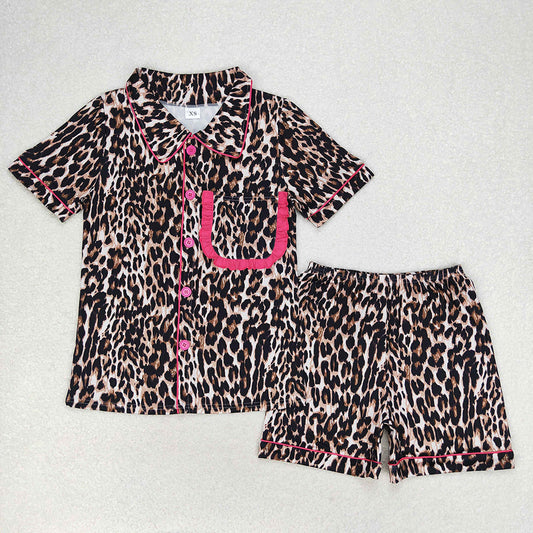 Adult Women Short Sleeves Buttons Shirt Shorts Pajamas Leopard Set