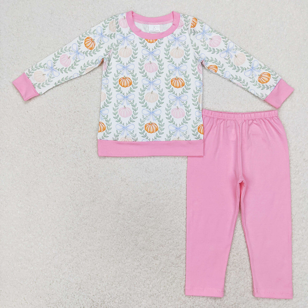 Baby Girl Long Sleeves Pumpkin Bows Shirt Pink Pants Set