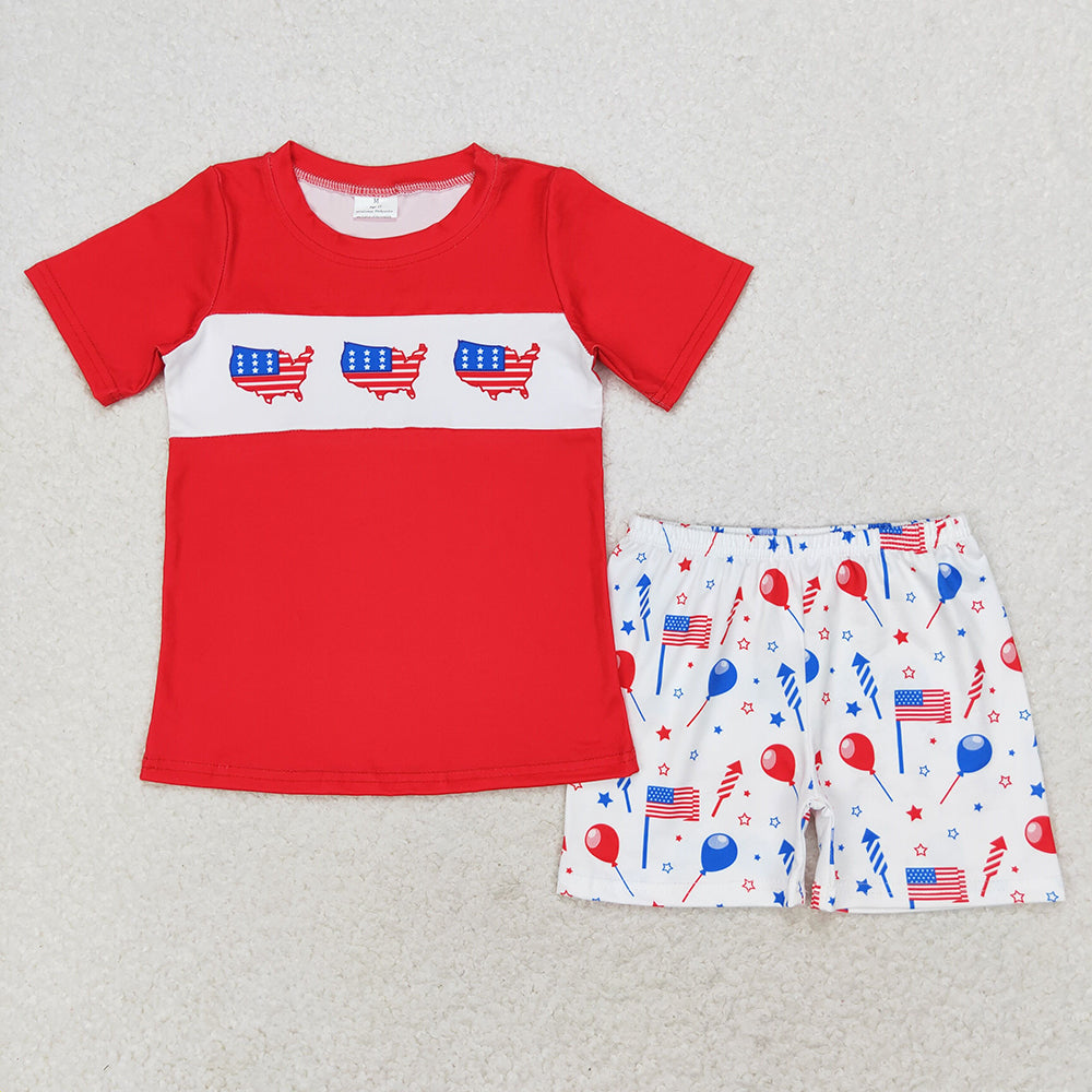 Baby Boy Red Short Sleeves Shirt Flags Balloons Shorts July 4th Set