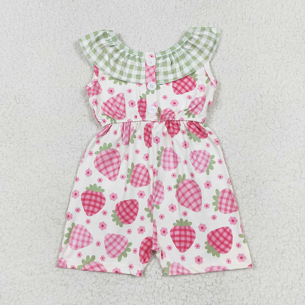 Baby Girl Strawberry Floral Plaid Pocket Summer Jumpsuit