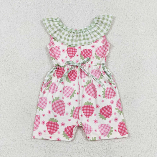 Baby Girl Strawberry Floral Plaid Pocket Summer Jumpsuit