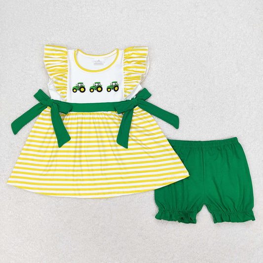 Baby Girl Tractor Yellow Stripes Tunic Green Cotton Shorts Set