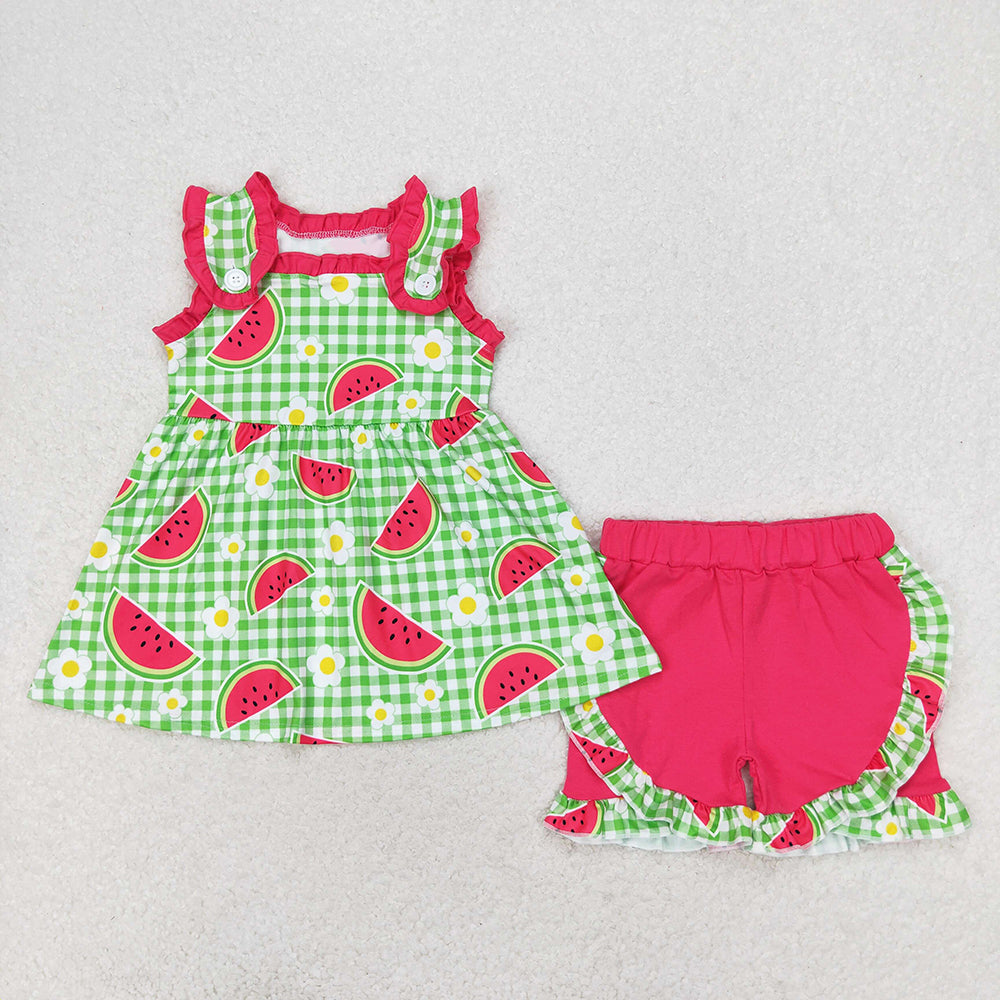 Baby Girl Watermelon Floral Green Plaid Tunic Shorts Summer Set