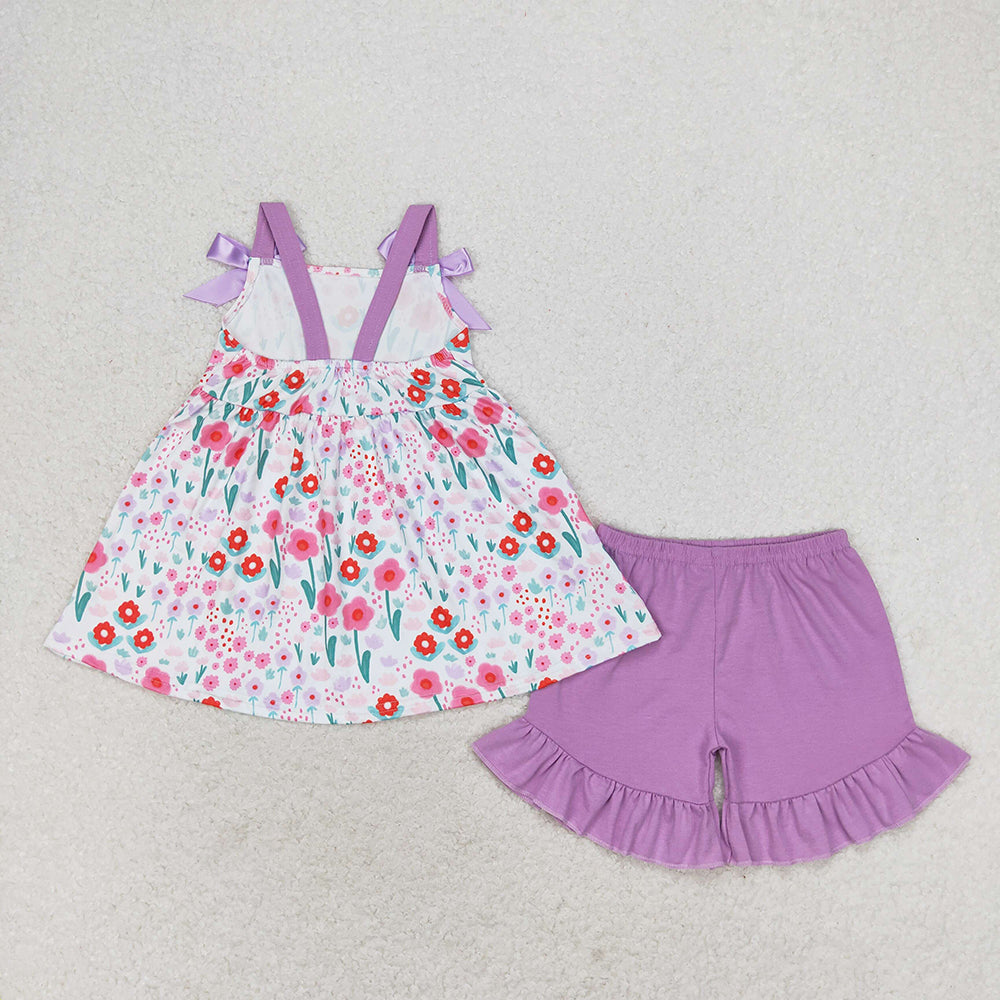 Baby Girl Sleeveless Floral Tops Purple Cotton Shorts Set